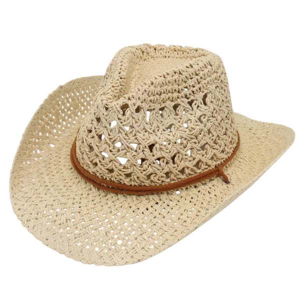 Chapéu de sol vintage estilo cowboy 55–58 cm Chapéu de palha unissexo Estilo étnico Proteção UV Chapéu de praia À prova de vento Acessório Bege