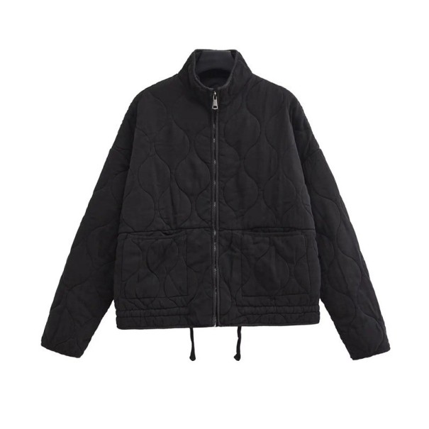 Chaqueta acolchada de otoño para mujer con cuello alto Cierre de cremallera Bolsillos externos Cordón Abrigo cálido para uso diario negro S