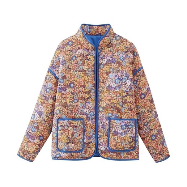 Chaqueta acolchada para mujer con estampado floral de colores Abrigo de primavera con bolsillos y ribete azul Chaqueta ligera de manga larga S Chaqueta acolchada para mujer con estampado floral de colores Abrigo de primavera con bolsillos y ribete azul Chaqueta ligera de manga larga S