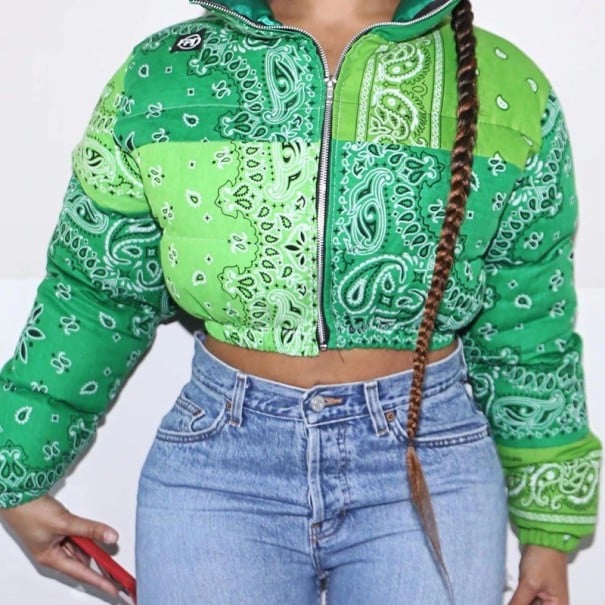 Chaqueta corta acolchada para mujer con cuello alto Abrigo de transición con patrón de patchwork paisley Cremallera de longitud verde M