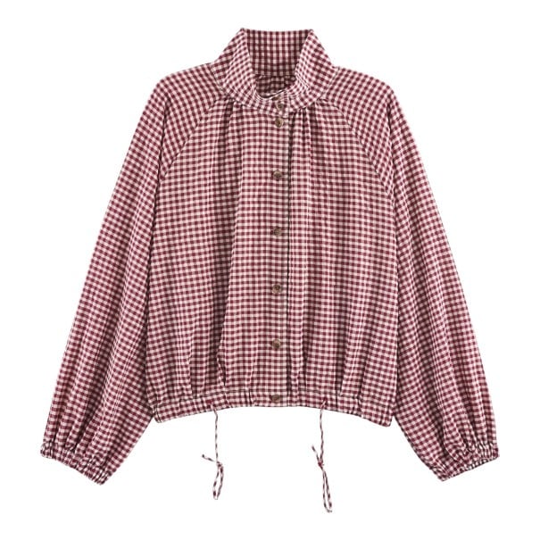 Chaqueta de camisa de cuadros para mujer con cuello de botones, con dobladillo ajustable y mangas raglán de corte holgado rojo S