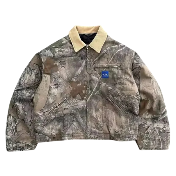 Chaqueta de camuflaje marrón grisáceo para hombre con cuello Chaqueta aislante con estampado natural Estilo de caza con cremallera Chaqueta corta de moda para exteriores S