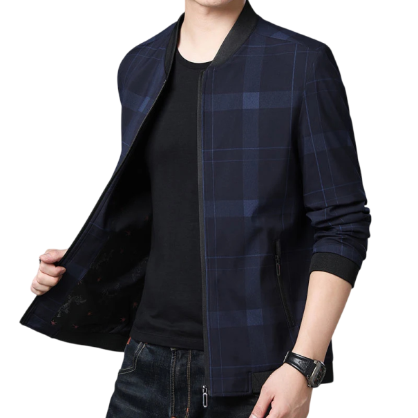 Chaqueta de cuadros con cremallera para hombre Elegante chaqueta con estampado de cuadros Chaqueta ligera de primavera para la ciudad Chaqueta de hombre de moda para pantalones y vaqueros azul S