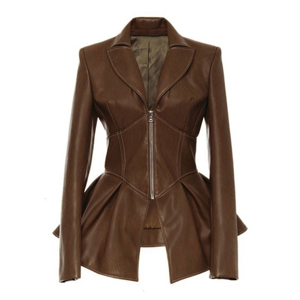 Chaqueta de cuero ajustada para mujer marrón S