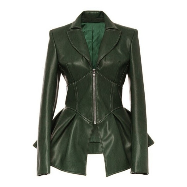 Chaqueta de cuero ajustada para mujer verde militar XL