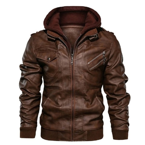Chaqueta de cuero con cremallera Chaqueta de otoño con capucha Chaqueta elegante con forro y bolsillos Chaqueta de moda para la ciudad y para la moto marrón S