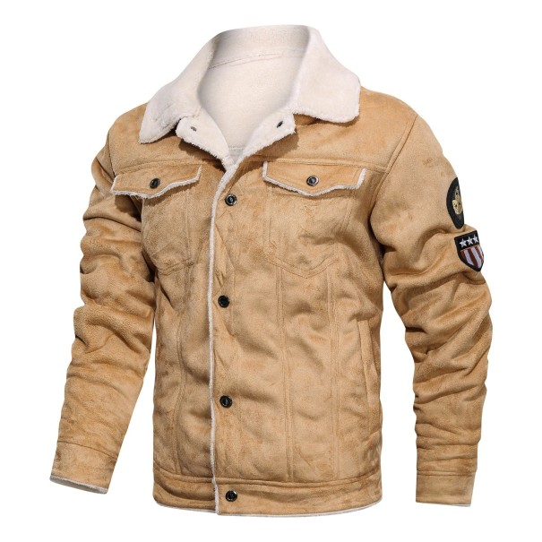 Chaqueta de cuero con cuello para hombre marrón claro XL