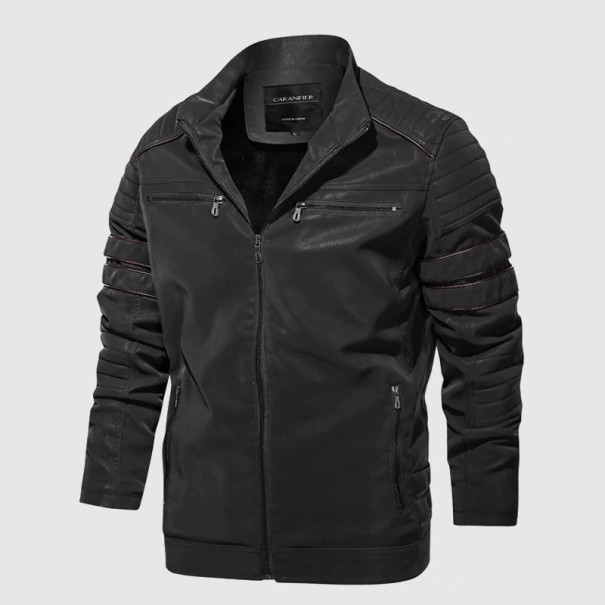 Chaqueta de cuero de invierno para hombre con cuello. negro S