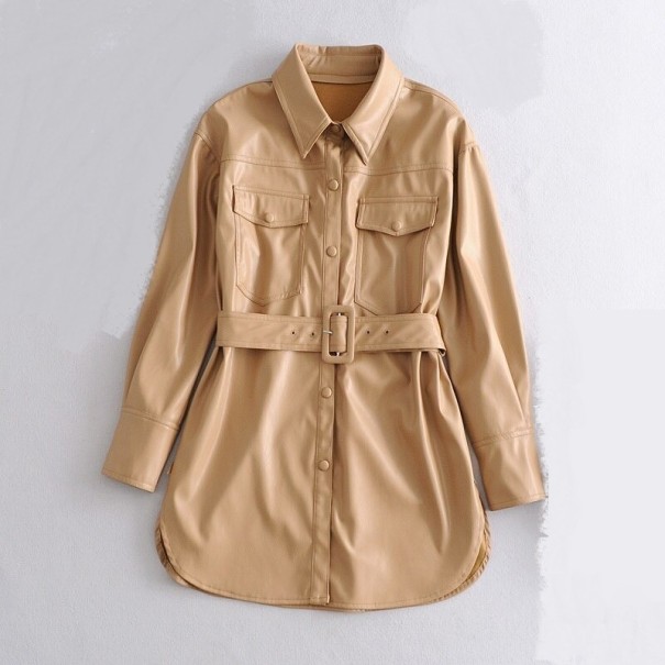 Chaqueta de cuero de mujer con cinturón marrón claro XS