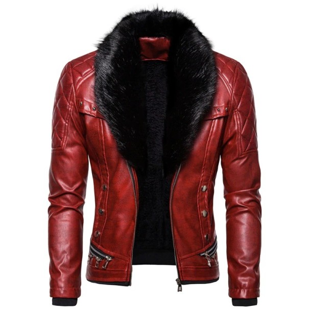 Chaqueta de cuero para hombre con pelo sintético rojo M
