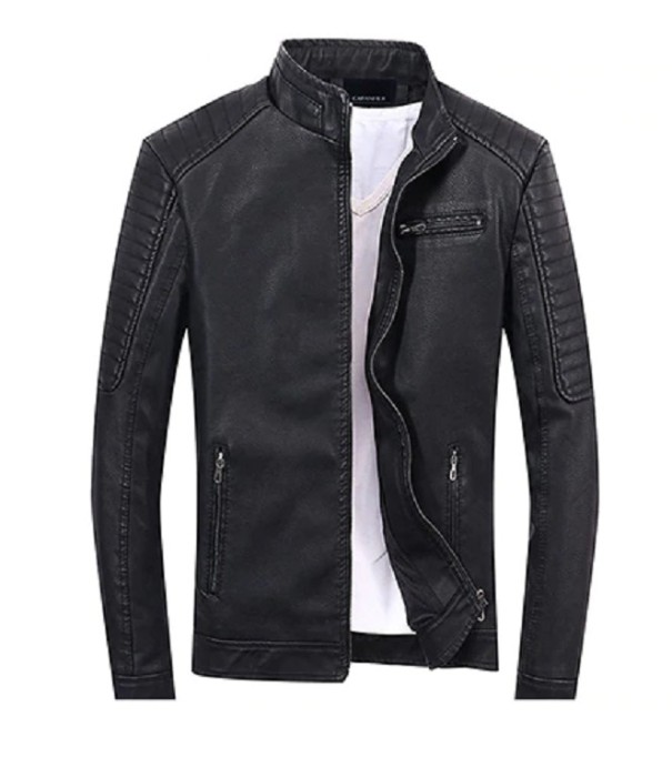 Chaqueta de cuero para hombre con ribete de piel J2067 negro XS