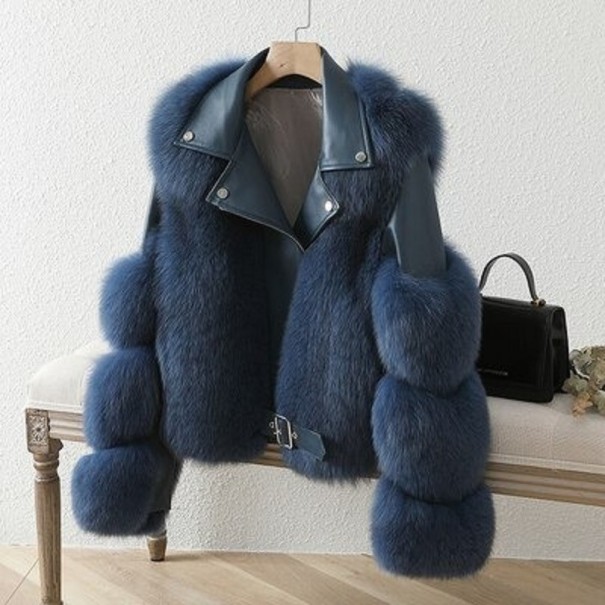 Chaqueta de cuero para mujer con ribete de piel azul oscuro XS