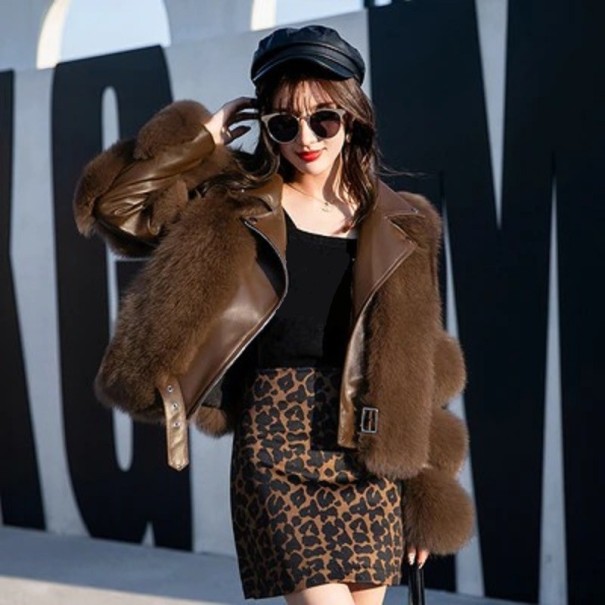 Chaqueta de cuero para mujer con ribete de piel marrón M