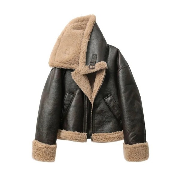Chaqueta de cuero para mujer con ribete de piel XL