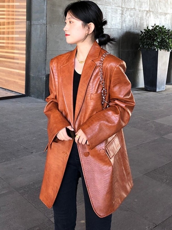 Chaqueta de cuero para mujer P2313 marrón claro XL
