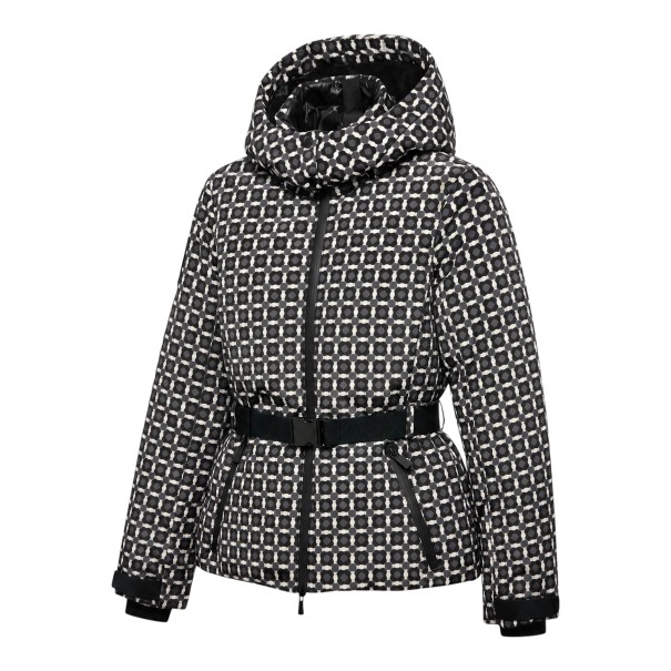 Chaqueta de esquí de invierno para mujer con patrón geométrico y capucha con cinturón en la cintura con cremalleras y bolsillos en blanco y negro XS