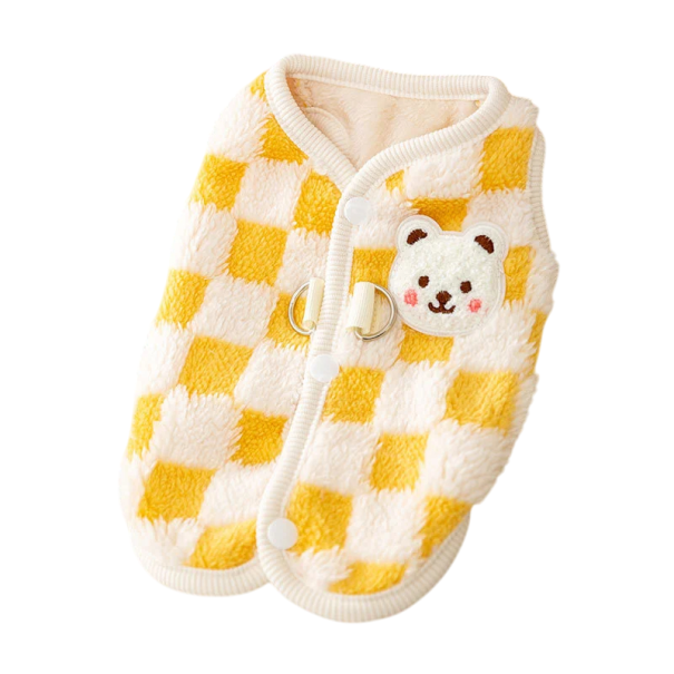 Chaqueta de felpa a cuadros con botones y hebilla para gatos de 4 a 5,5 kg Abrigo de invierno cálido Corte cómodo Ropa bonita para gatos Material cálido amarillo