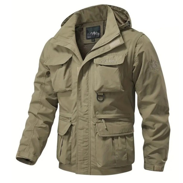 Chaqueta de hombre para exterior con cremallera y múltiples bolsillos Chaqueta cortavientos con mangas y capucha desmontables Chaqueta deportiva para la naturaleza caqui M