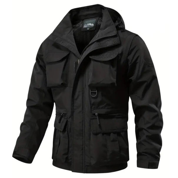 Chaqueta de hombre para exterior con cremallera y múltiples bolsillos Chaqueta cortavientos con mangas y capucha desmontables Chaqueta negro XS