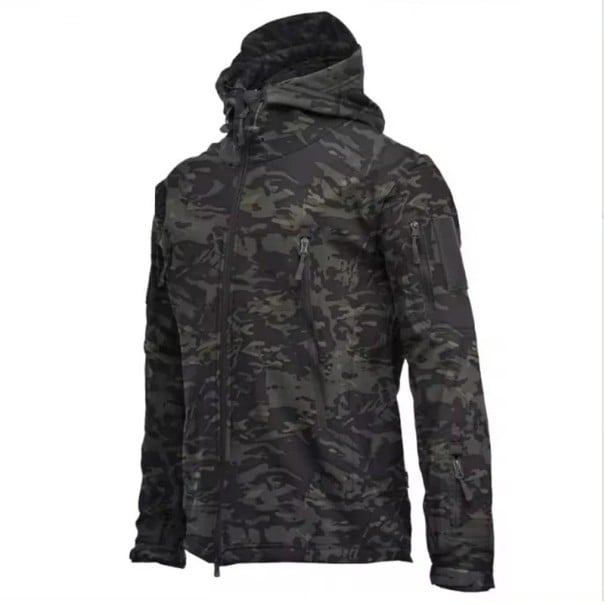 Chaqueta de invierno impermeable para hombre con capucha y cremallera negra camuflada con motivo de camuflaje ALGODÓN POLIÉSTER con bolsillos S