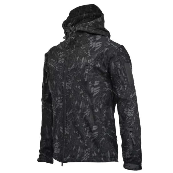 Chaqueta de invierno impermeable para hombre con capucha y cremallera, negra con estampado de camuflaje de serpiente y diseño de piel XXS
