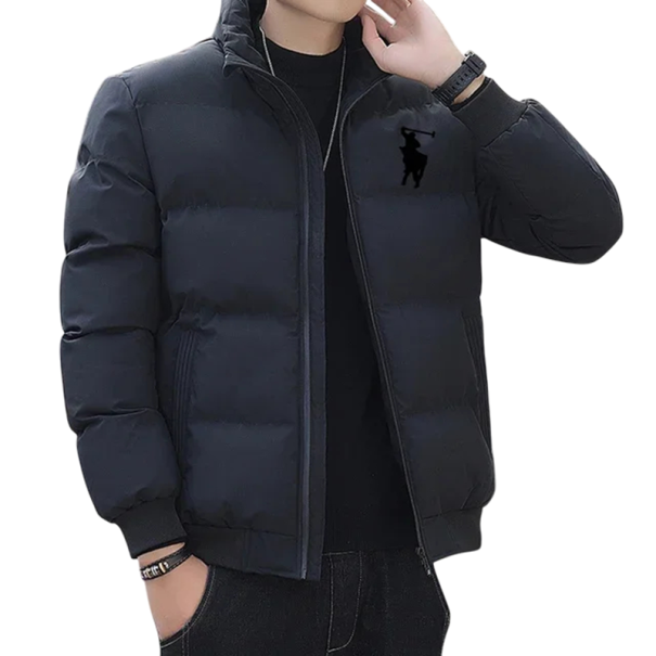 Chaqueta de invierno para hombre Diseño a prueba de viento Cierre de cremallera Poliéster Bordado en el pecho Bolsillos prácticos Uso cálido y cómodo en invierno Ropa de invierno moderna azul XL