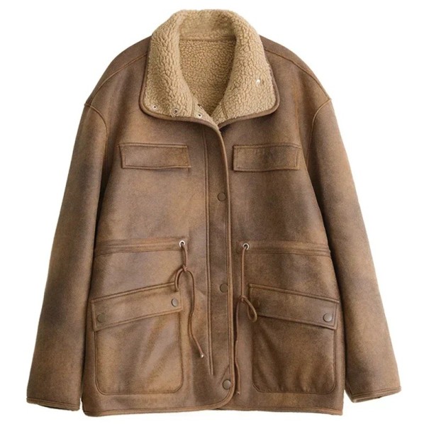 Chaqueta de invierno para mujer 95% poliéster 5% spandex Chaqueta marrón reversible con cremallera y botones de presión Por un lado piel sintética con cuello Abrigo elegante y cálido L