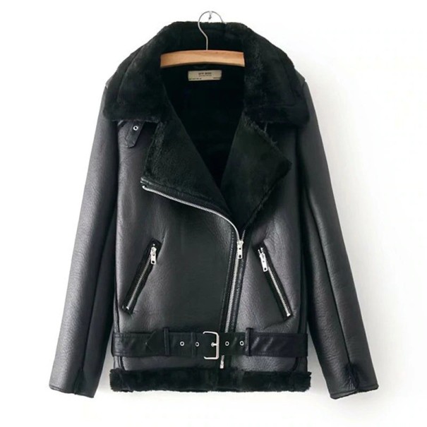 Chaqueta de invierno para mujer de cuero sintético negra Corte motero con cremallera asimétrica Cuello y dobladillo de felpa Cinturón con hebilla M