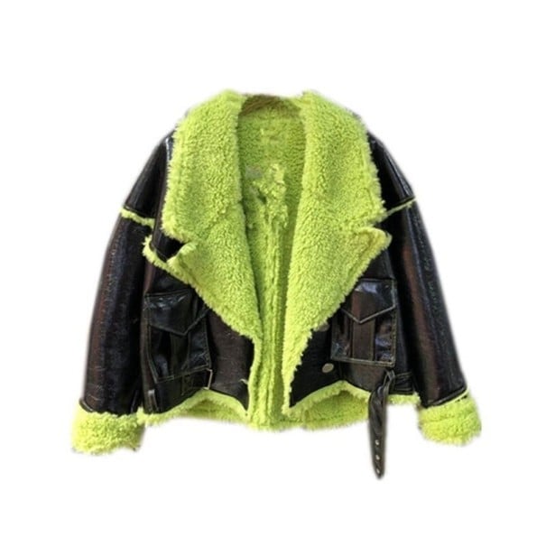 Chaqueta de invierno para mujer de piel sintética con forro de terciopelo Corte corto estilo aviador Negra con pelaje verde lima Cuello ancho M