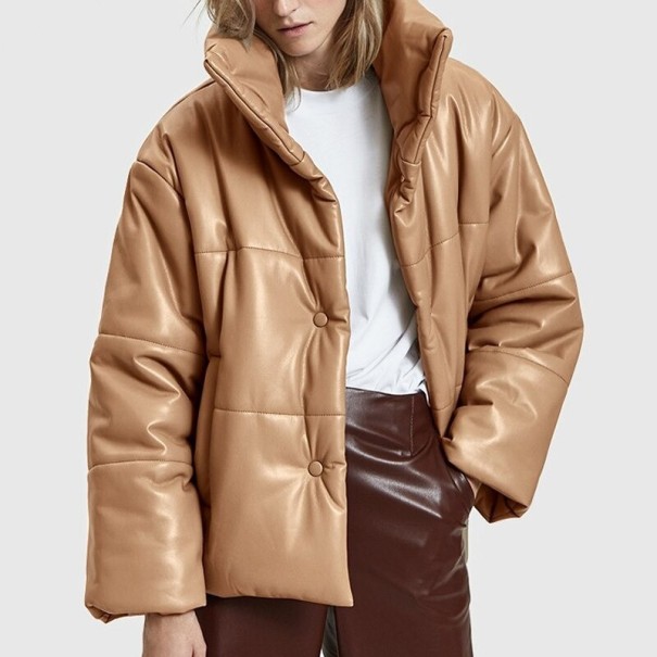 Chaqueta de invierno para mujer de piel sintética. marrón claro M