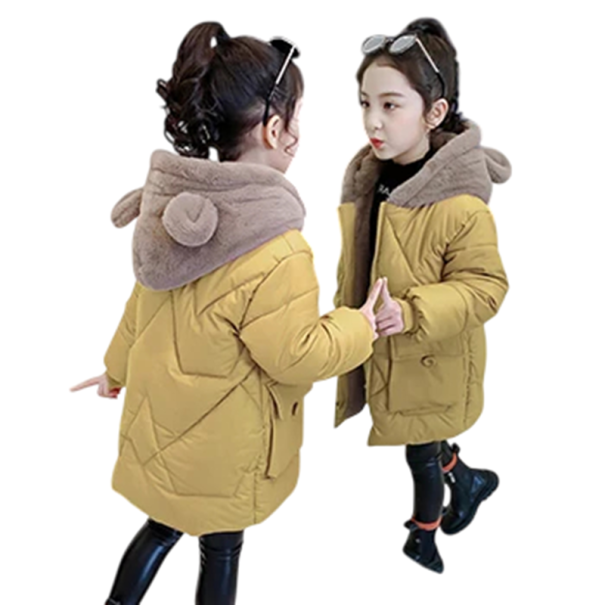 Chaqueta de invierno para niña Cierre con cremallera Bolsillos para manos Capucha con pelaje y orejitas Chaqueta de invierno térmica de un solo color Algodón Poliéster Corte cálido y cómodo amarillo 12