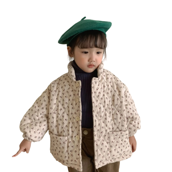 Chaqueta de invierno para niña Cierre de botones Bolsillos Abrigo de algodón cálido con motivos de flores Abrigo acogedor para niños 3