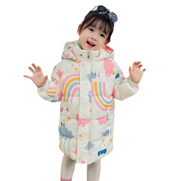 Chaqueta de invierno para niña con capucha Cierre con cremallera y botones a presión Bolsillos Chaqueta cálida de algodón y poliéster con motivos de arcoíris Abrigo acogedor para niños beige 4