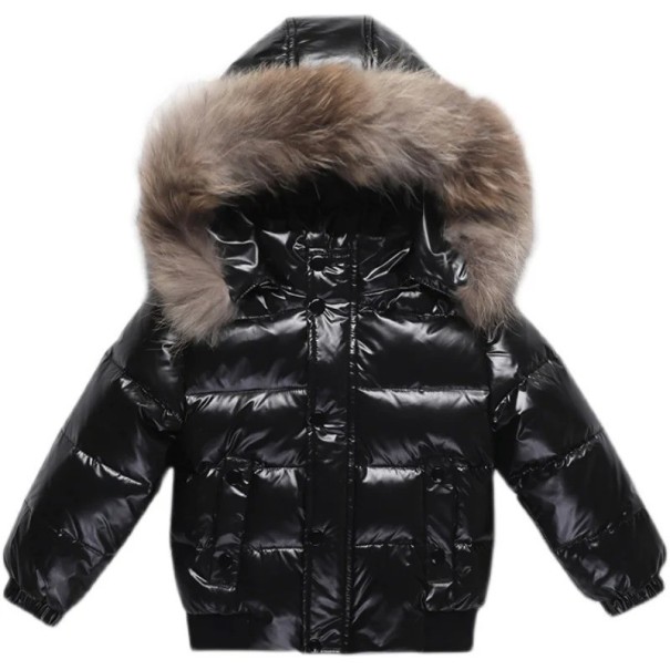Chaqueta de invierno para niños con cremallera y botones, con capucha y forro de piel, con bolsillos, unisex, abrigo cálido de algodón y plumón con fibra de poliéster para el frío negro 5