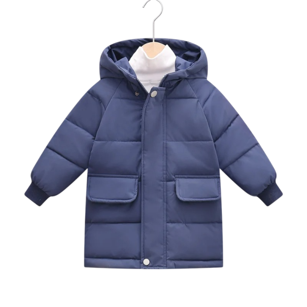Chaqueta de invierno unisex para niños con cremallera y botones a presión, con capucha y bolsillos. Abrigo cálido de algodón y poliéster para niños y niñas. Uso cómodo en invierno azul 6