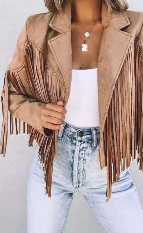 Chaqueta de mujer con flecos P1636 marrón claro L Chaqueta de mujer con flecos P1636 marrón claro L
