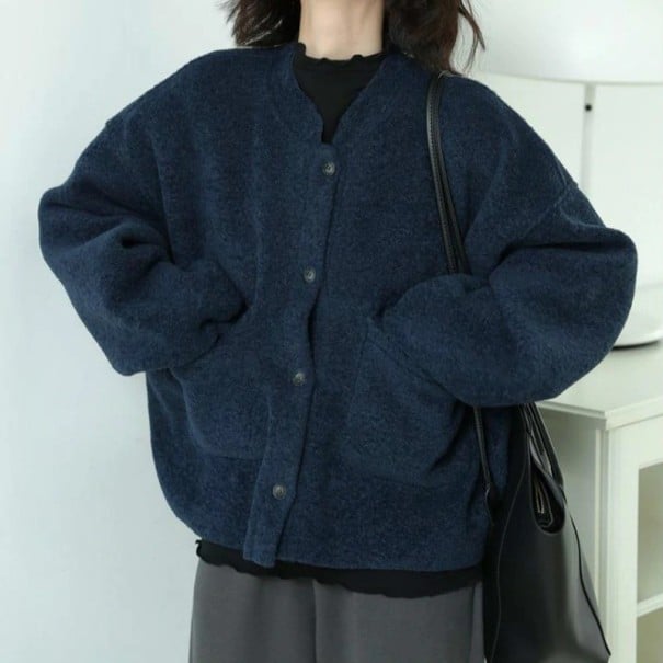 Chaqueta de mujer de primavera y otoño con botones Azul oscuro Cuello redondo sin solapa Dos grandes bolsillos Corte holgado Algodón y poliéster L