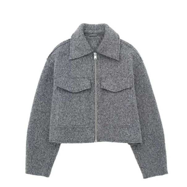 Chaqueta de otoño de lana para mujer con cremallera Corte corto Cuello solapa Dos bolsillos con solapa Abrigo elegante para el período de transición Estilo urbano gris L