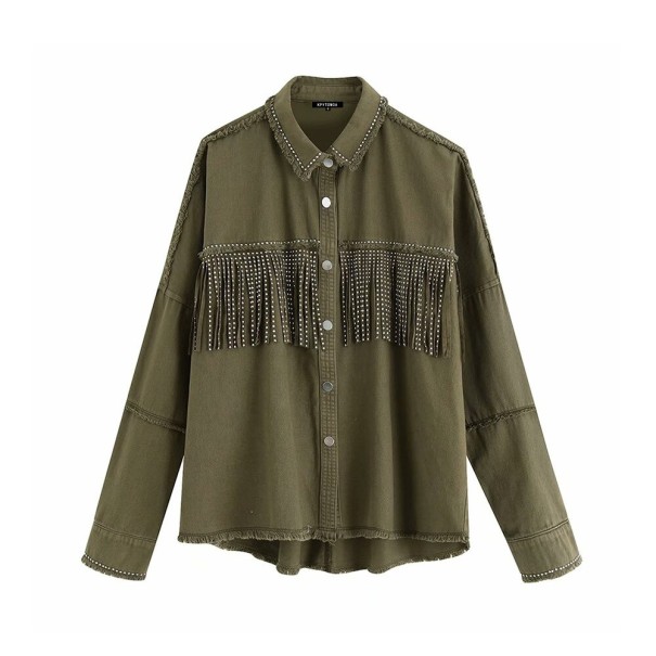 Chaqueta de otoño de mujer con flecos verde militar M
