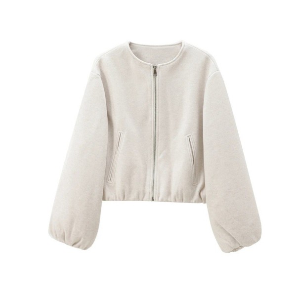 Chaqueta de otoño para mujer con cremallera Corte holgado Mangas largas con volantes Bolsillos delanteros Estilo urbano sencillo Abrigo elegante para clima frío beige L