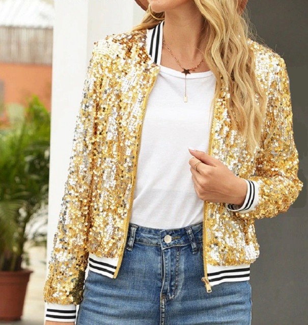 Chaqueta de primavera de mujer con lentejuelas P2127 dorado S