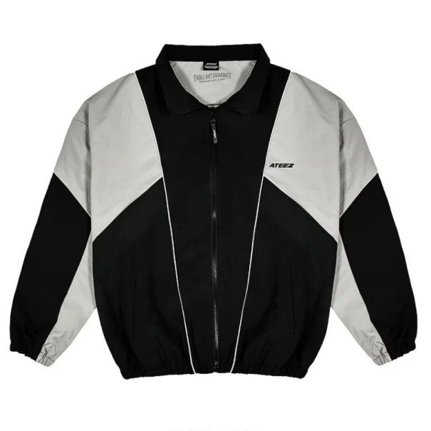Chaqueta deportiva de hombre en blanco y negro con estampado gráfico en la espalda Cierre de cremallera Cuello Mangas largas Chaqueta de transición para la ciudad S
