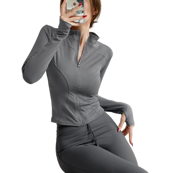 Chaqueta deportiva de mujer con cremallera Corte ajustado Aberturas para pulgares Material de secado rápido Comodidad en el uso Ropa de fitness Entrenamiento gris XS