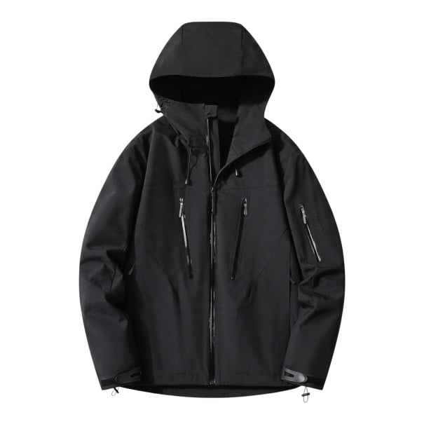 Chaqueta impermeable con capucha y cuello alto con cremallera y bolsillos con cremallera en el pecho y en la manga y dobladillo negro XXL