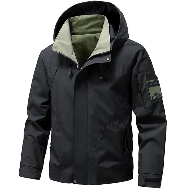 Chaqueta impermeable para hombre de gran tamaño de otoño, resistente al viento, con cremallera y capucha, bolsillos, disponible en varios colores, POLIESTER impermeable negro M