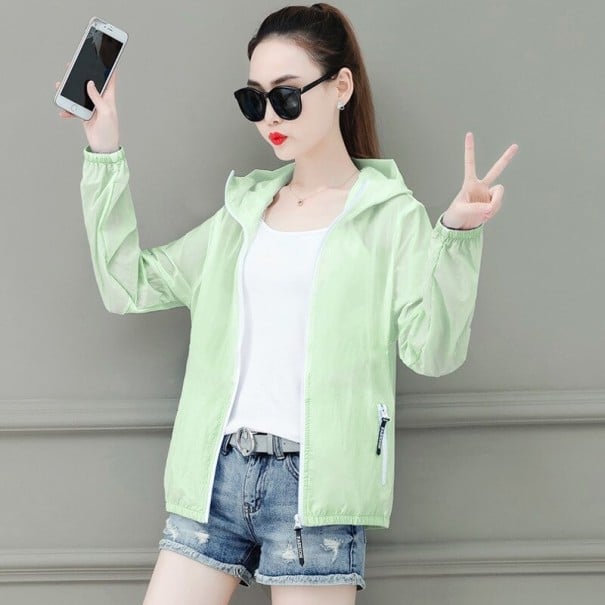 Chaqueta ligera de primavera para mujeres con capucha Cierre de cremallera a lo largo de toda la longitud Puños elásticos Bolsillo verde claro L