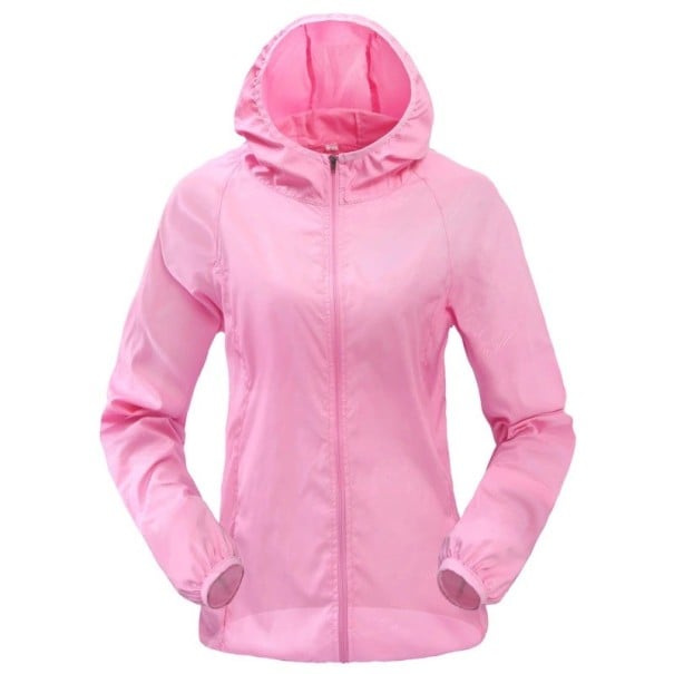 Chaqueta ligera impermeable para mujer con capucha para correr Cierre con cremallera Puños elásticos Bolsillos laterales Poliéster rosa S