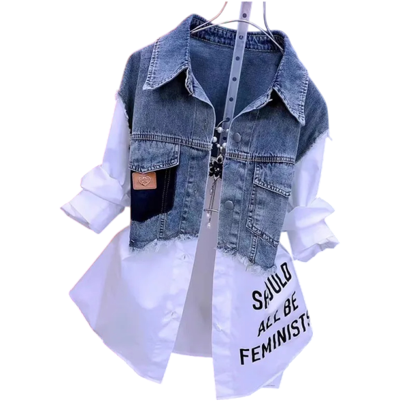 Chaqueta vaquera de doble capa para mujer con camisa blanca, chaleco corto de moda con bolsillos, chaqueta combinada elegante, moda urbana informal. S