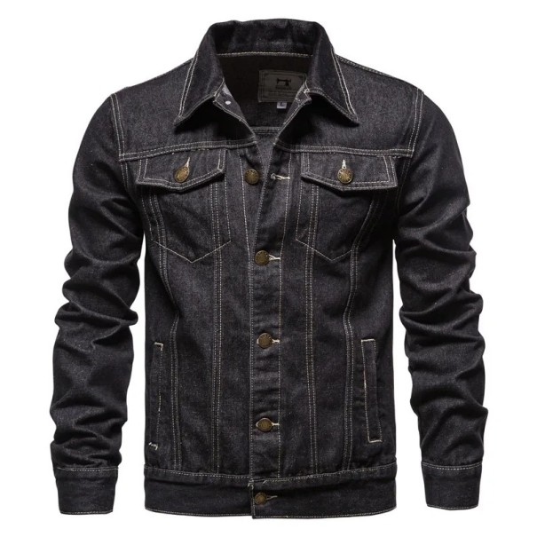 Chaqueta vaquera de manga larga para hombre Abrigo vaquero clásico Cierre de botones Bolsillos en el pecho Costuras acolchadas Chaqueta de transición elegante negro S