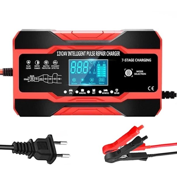 Chargeur de batterie de voiture 12–24 V 10 A Chargeur intelligent à impulsion avec écran LCD pour batteries au plomb, AGM et GEL Prise EU 1